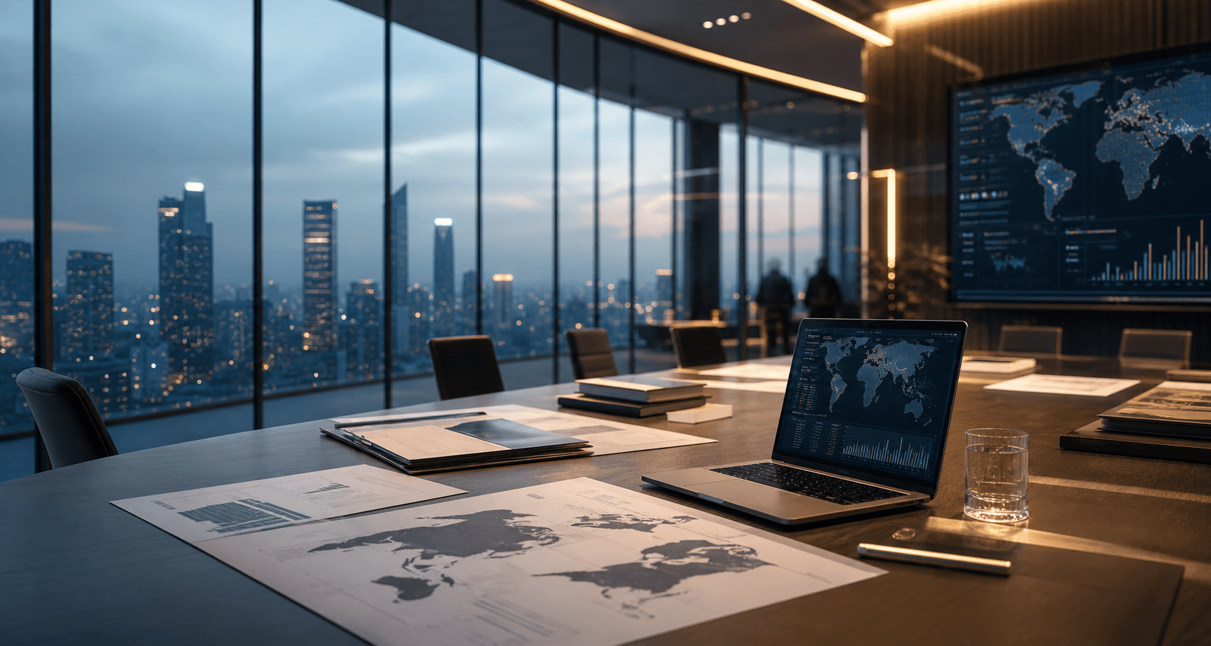 Premium global advisory workspace with business strategy dashboards